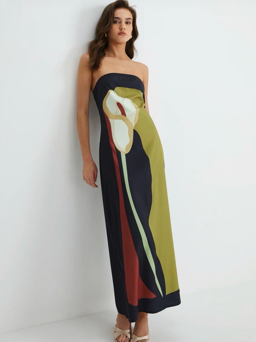Commense Strapless Maxi Dress in Olive, Black & Cream Floral